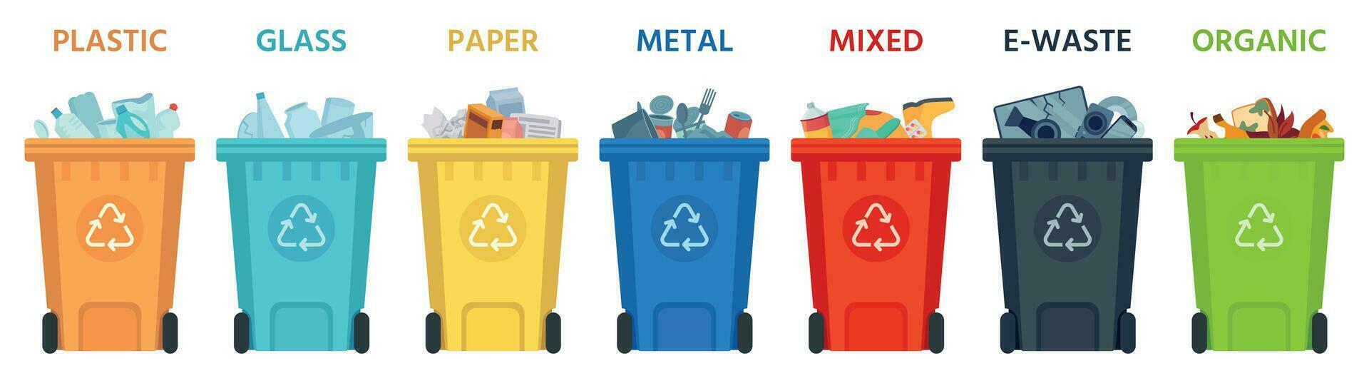 Recycling bins. Containers with separated garbage. Trash cans for plastic, glass, paper and organic. Segregate waste vector illustration