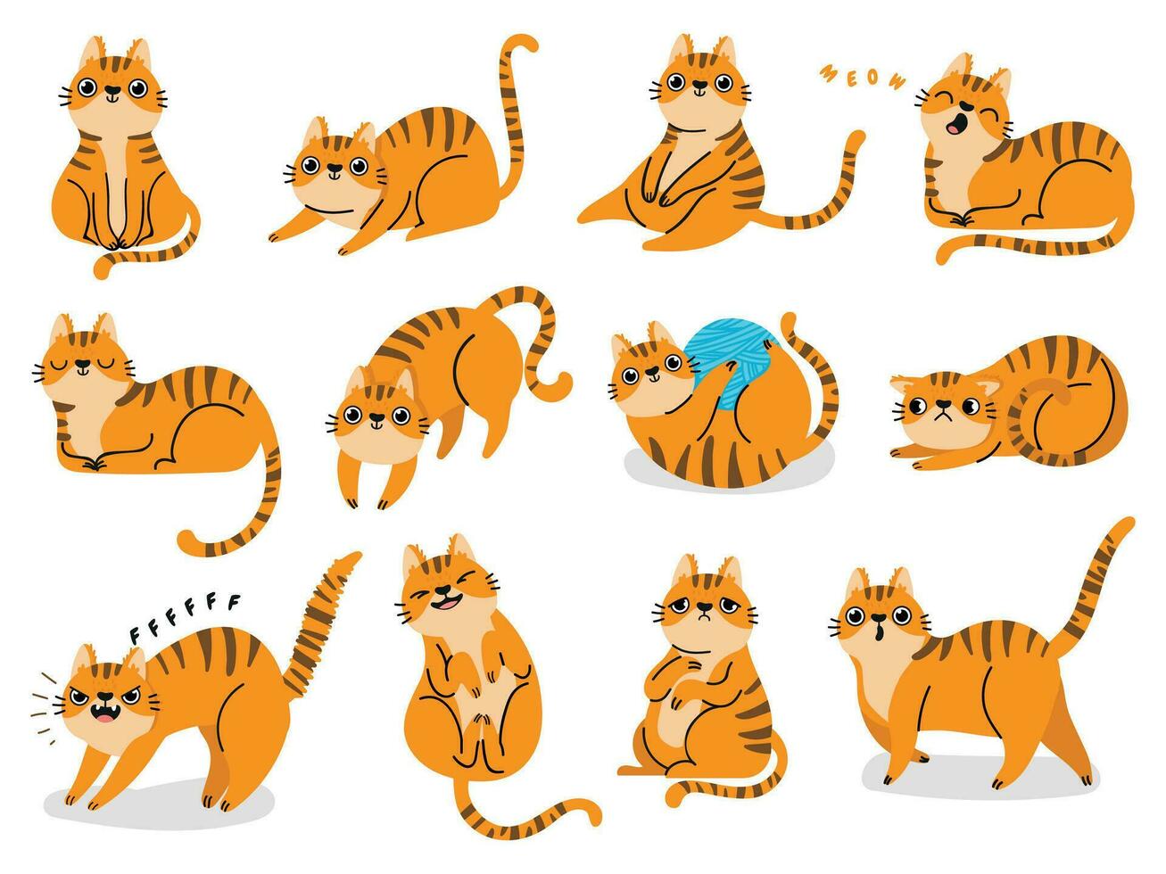 Cat poses. Cartoon red fat striped cats emotions and behavior. Animal pet kitten playful, sleeping and scared. Cat body language vector set