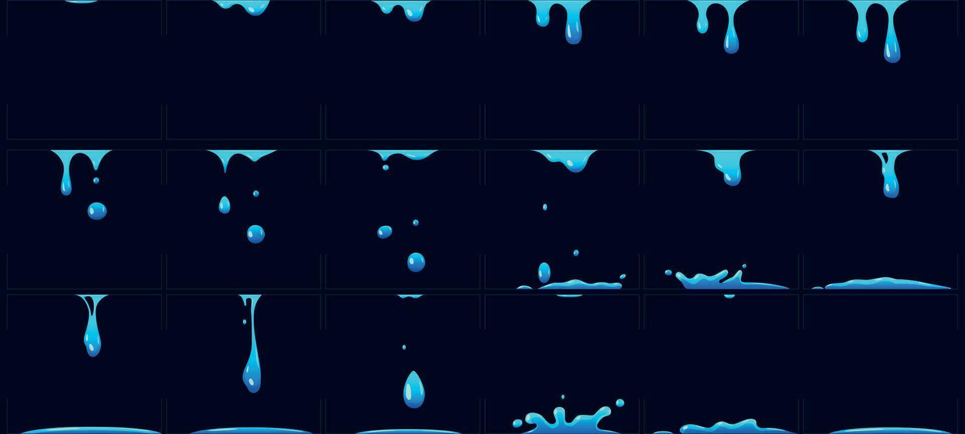 Dripping water animation, water splashes for game development. Dropping liquid in frames for cartoon vector