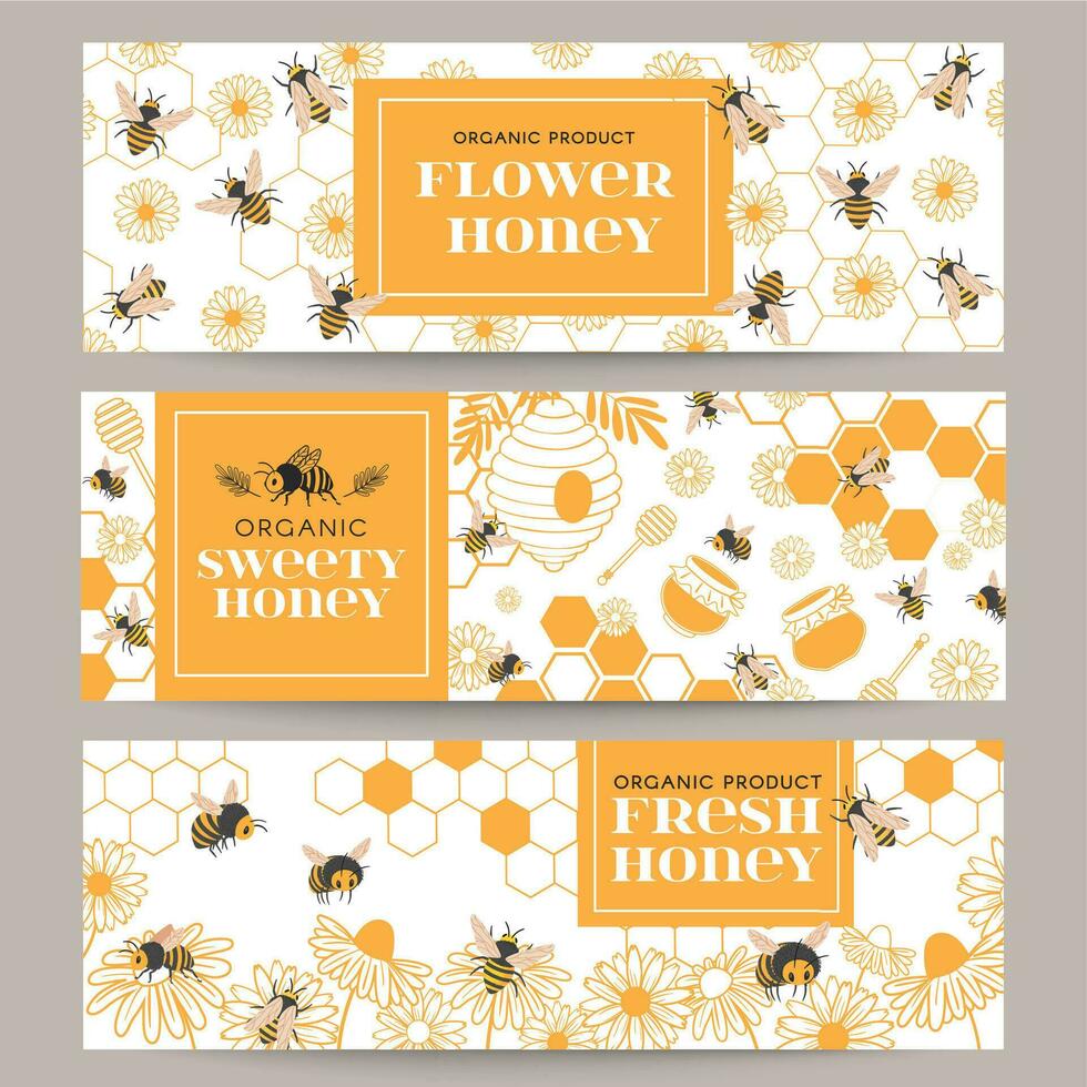 miel pancartas negocio promover volantes con varios apicultura productos, panal y miel en frascos, cera de abejas, abejas y flores, vector conjunto