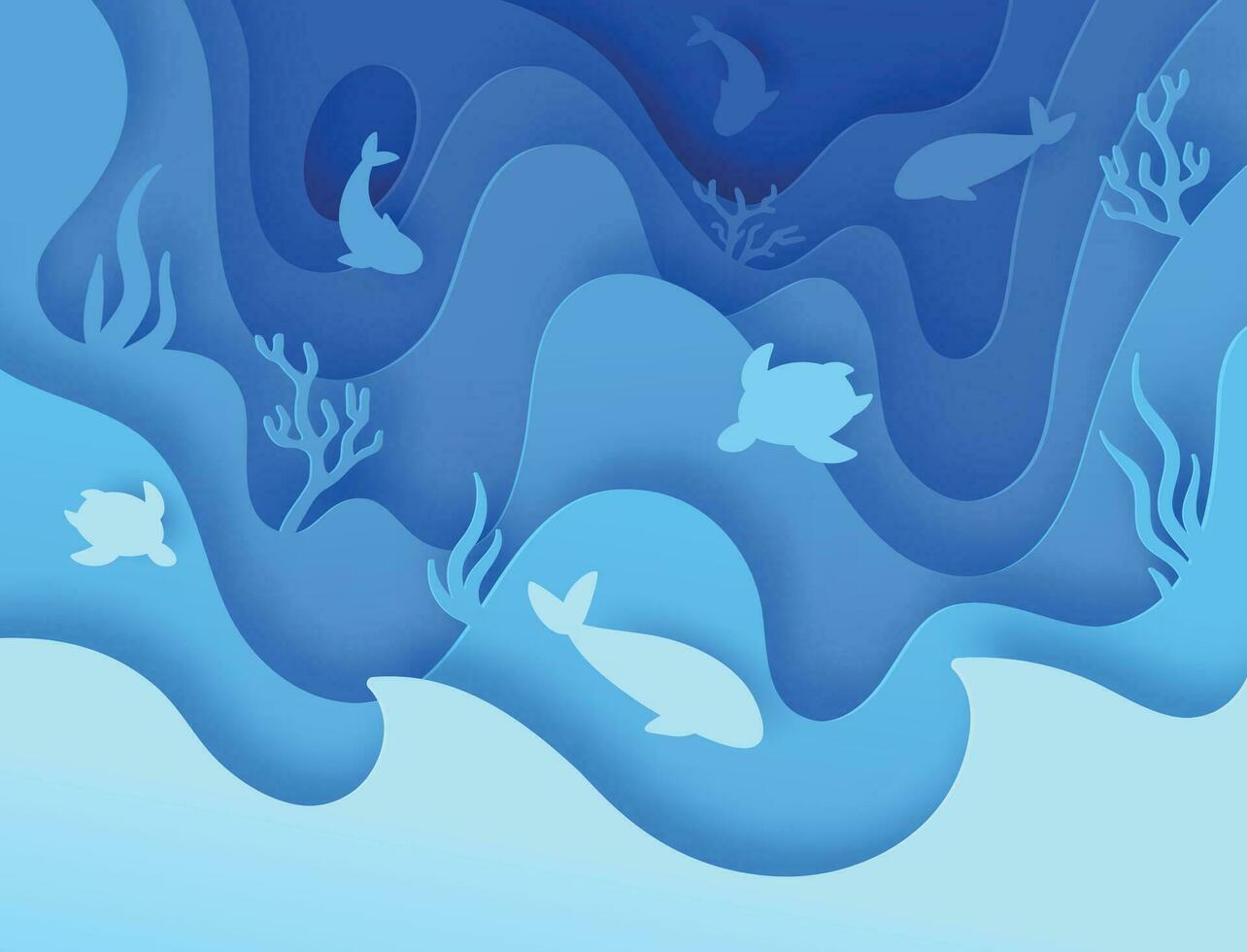 Sea life paper cut. Undersea world with reefs, corals, fish and animal silhouette. Ocean deep wildlife in 3d paper art style, vector concept