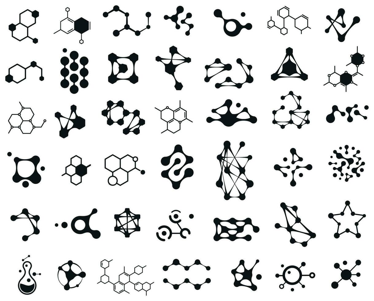 Connected molecules icons. Molecular structure logo set vector