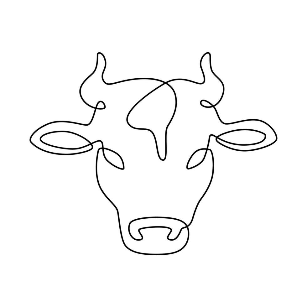 línea vaca cabeza. Leche y carne de vaca carne granja logo, lechería producto etiqueta. vacas continuo línea vector aislado en blanco emblema