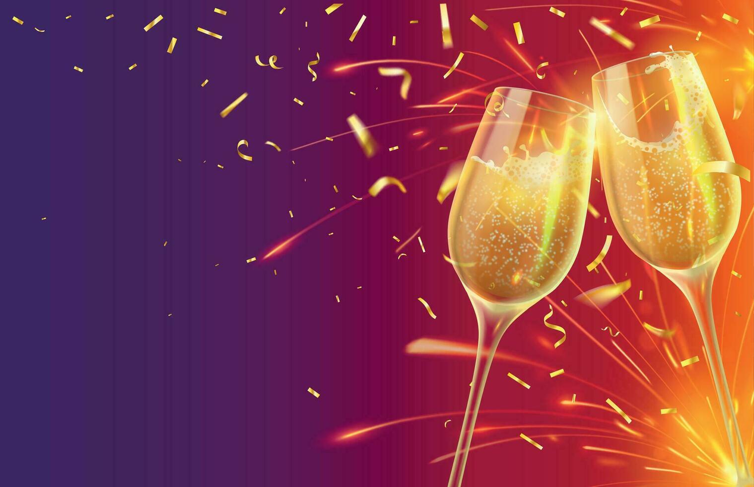 contento nuevo año con champán lentes. festivo Navidad bandera con dos copas de vino con espumoso vino y brillante oro papel picado vector concepto