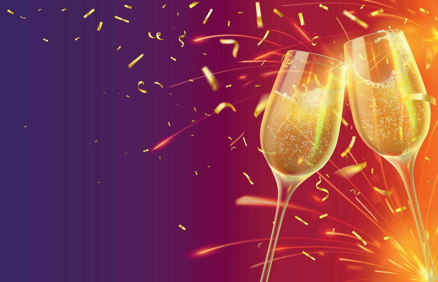 Happy new year with champagne glasses. Festive xmas banner with two wineglasses with sparkling wine and shining gold confetti vector concept
