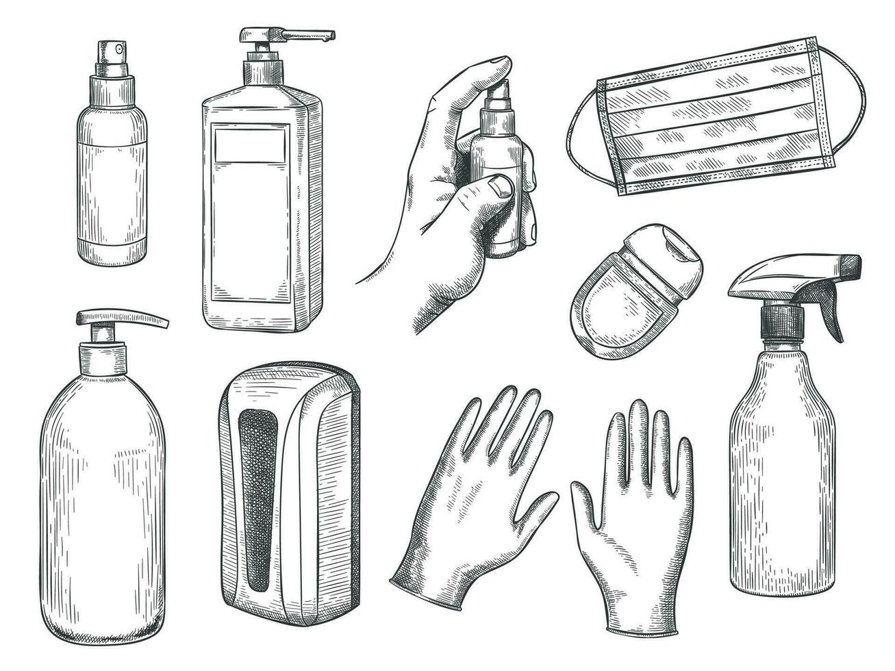 Sketch sanitizer bottle. Personal protective equipment. Medical mask, gloves, liquid soap and antibacterial spray. PPE hand drawn vector set