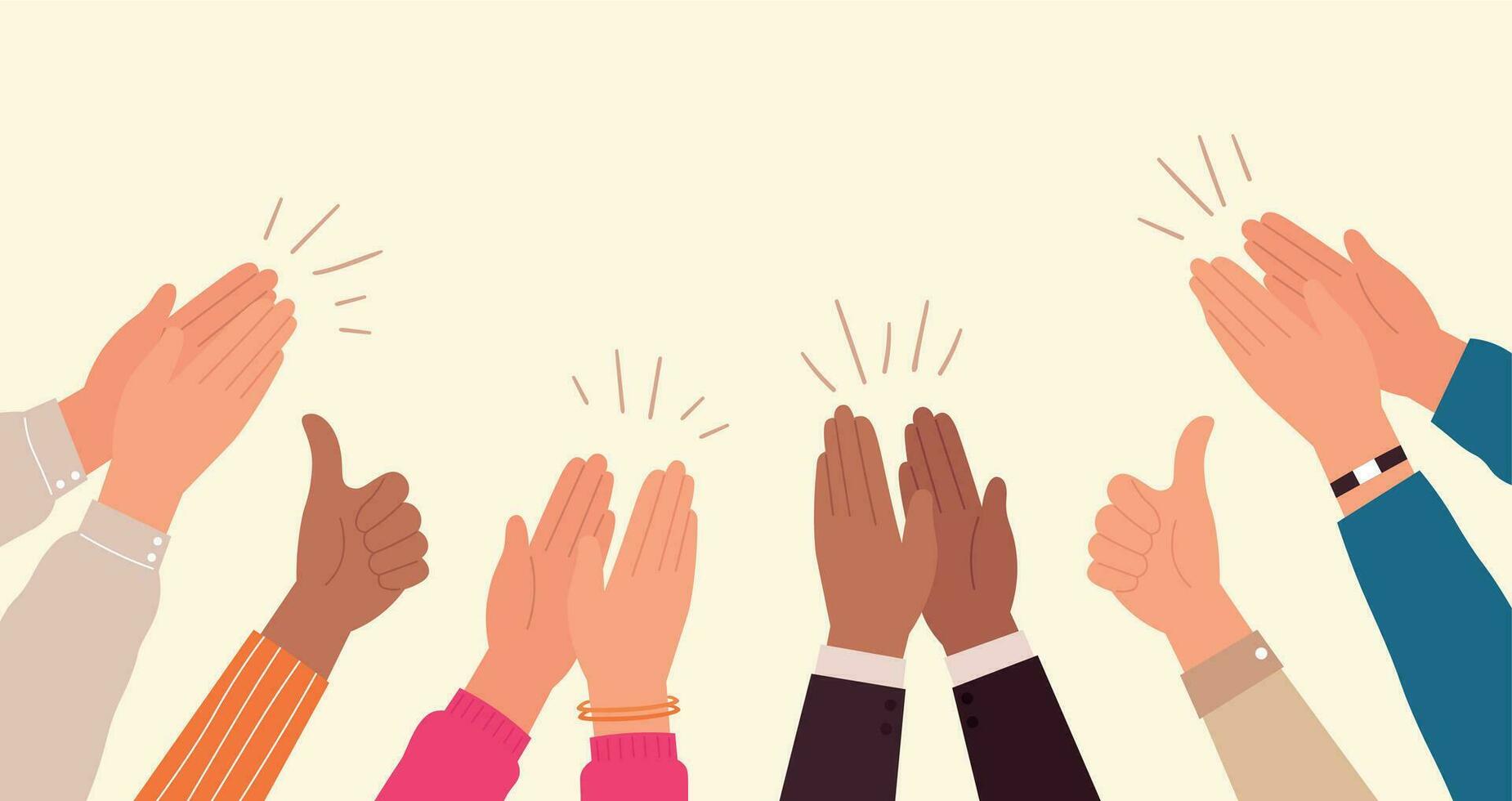 Human hands clapping. People crowd applaud to congratulate success job. Hand thumbs up. Business team cheering and ovation vector concept