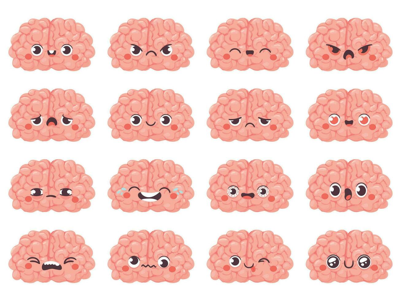 Brain emoticons. Cute brains characters with different face expression. Happy and angry, wink and sad, creative avatar cartoon vector set