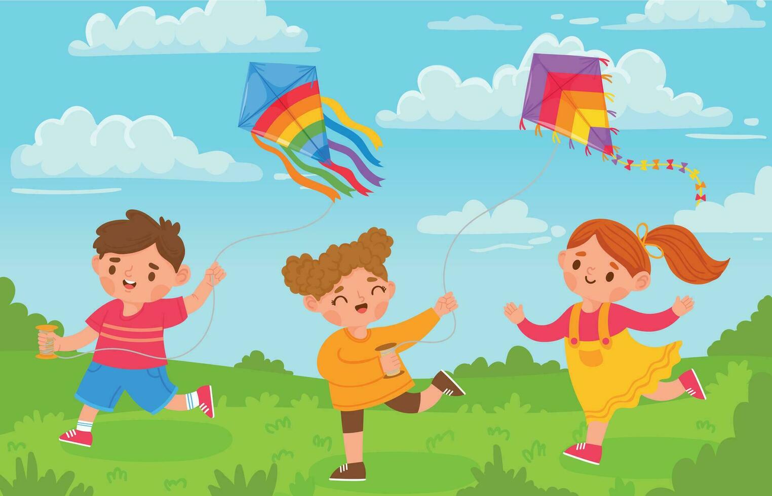 niños con cometas chico y niña fuera de jugando con volador juguete en parque. dibujos animados niños y cometa en viento cielo. verano actividad vector concepto