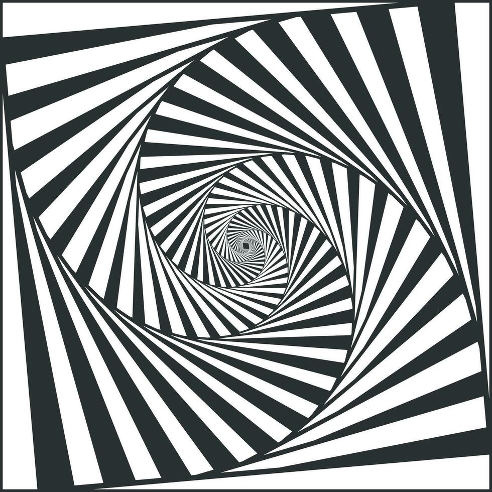 Optical spiral illusion. Black and white alternating strips creating hypnotic effect, vertigo geometric whirl vector