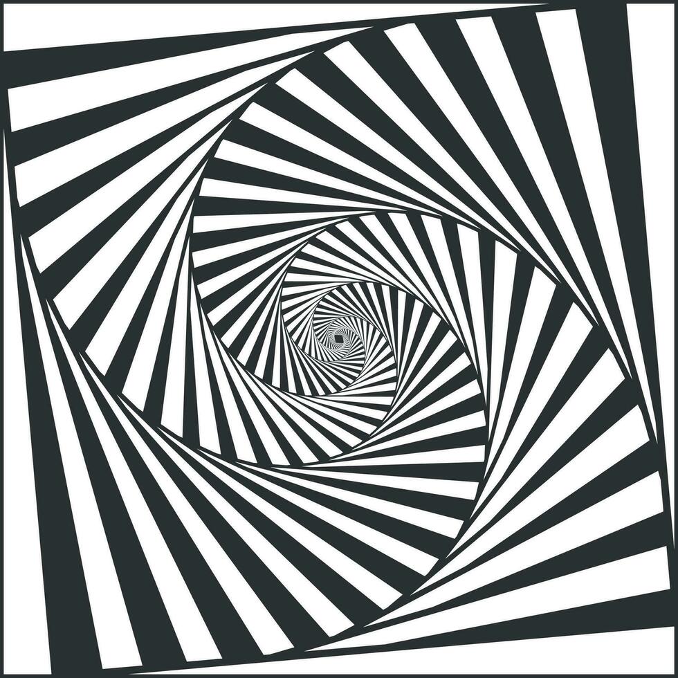 Optical spiral illusion. Black and white alternating strips creating hypnotic effect, vertigo geometric whirl vector