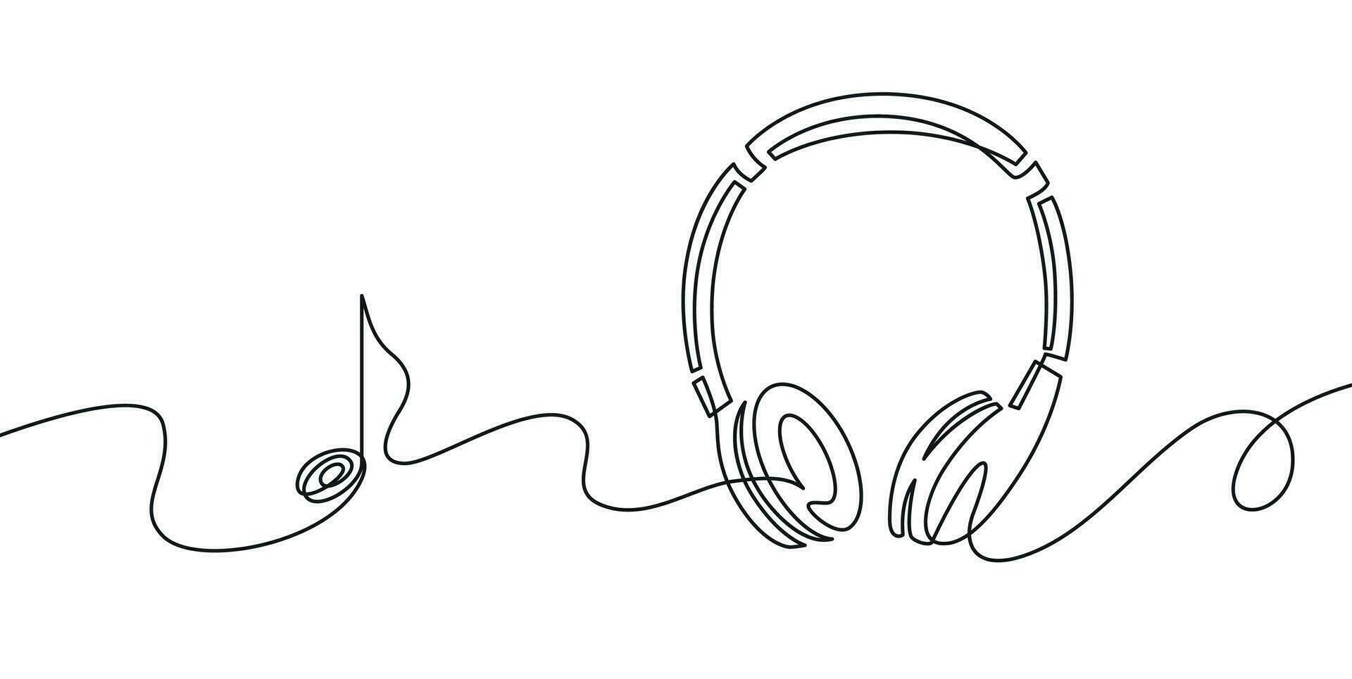 One line headphones. Continuous drawing of music gadget and note. Audio headphone outline sketch. Lineart vector concept of musical symbol