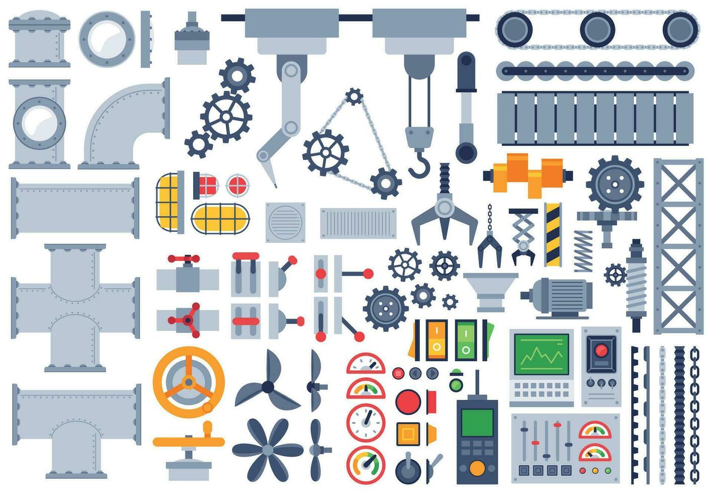 Flat machinery. Auto construction different mechanism, technical gears, pinion, shaft, joints, factory equipment machine parts vector set