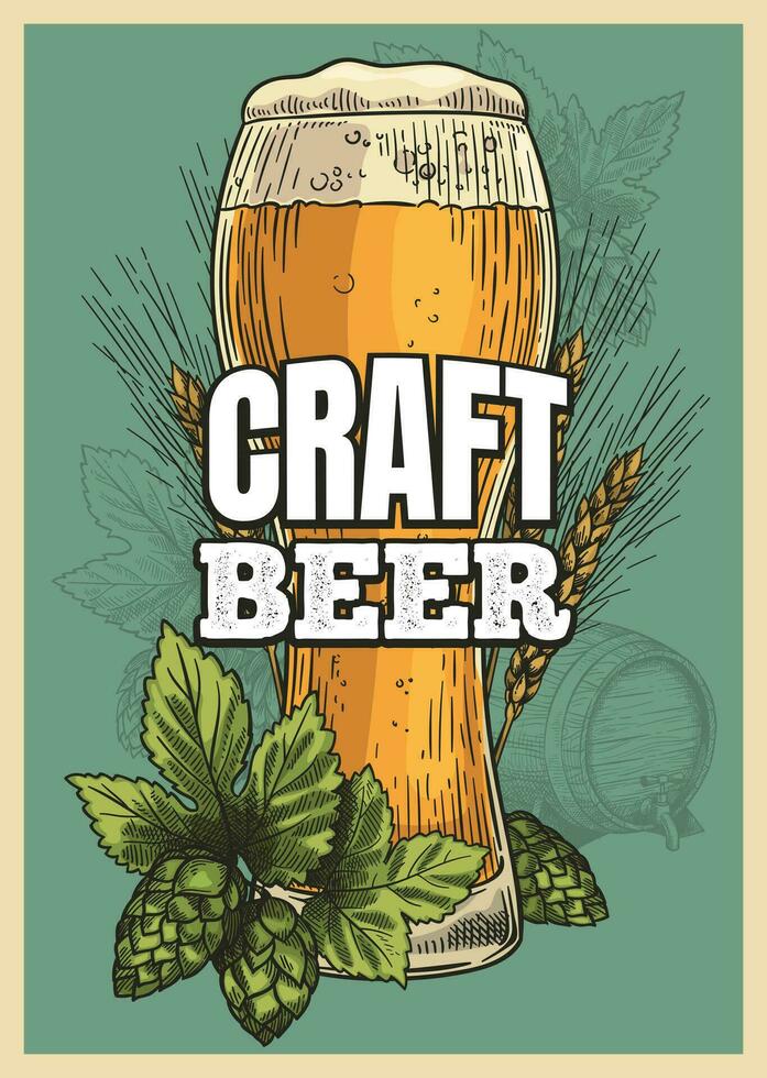 Beer poster. Beer glass, hop barley vintage style for invitation oktoberfest party or pub menu, sketch vector background