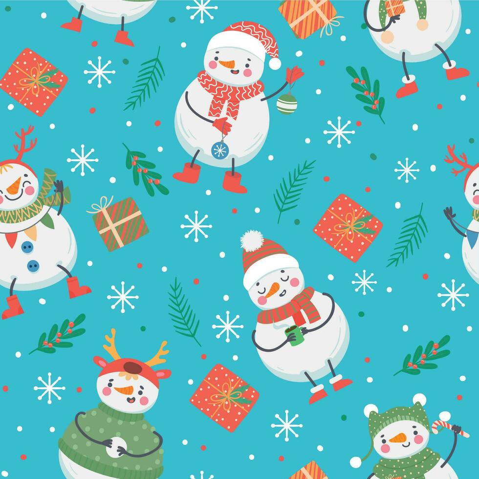 Snowman seamless pattern. Cute funny snowmen in winter clothes with gift, snowball and snowflakes. Christmas and new year vector texture