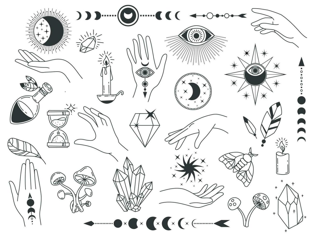 Boho mystic elements. Witch magic vintage logos with crystals, hands, moon and eyes. Outline spiritual and esoteric tattoo design vector set