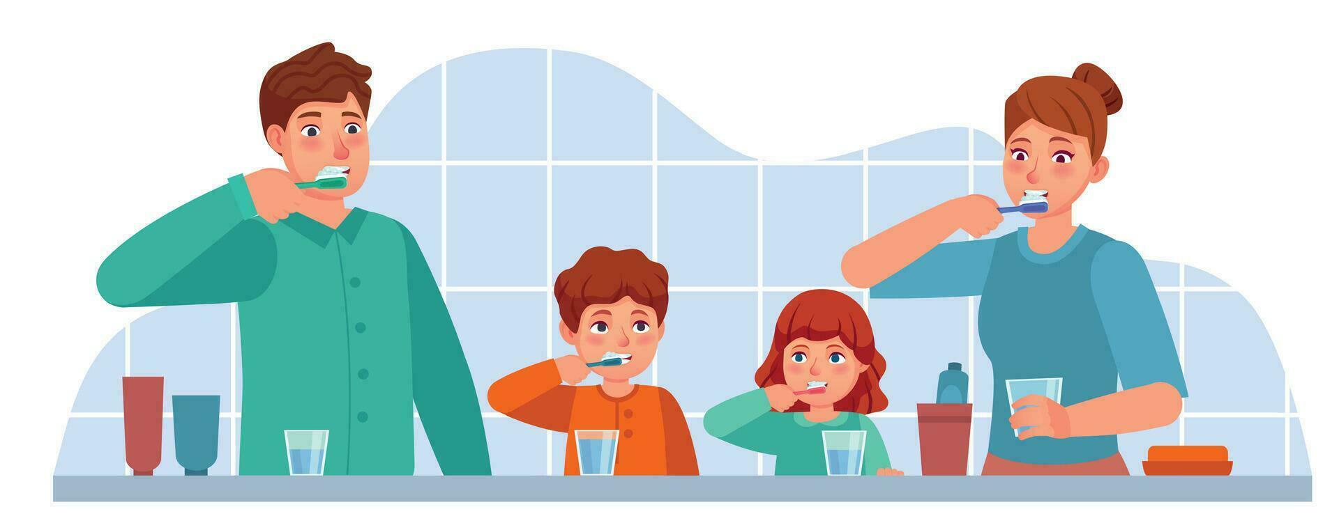 Family brush teeth. Parents and children brushing teeth together in bathroom. Parental parenting oral hygiene, dental care vector concept