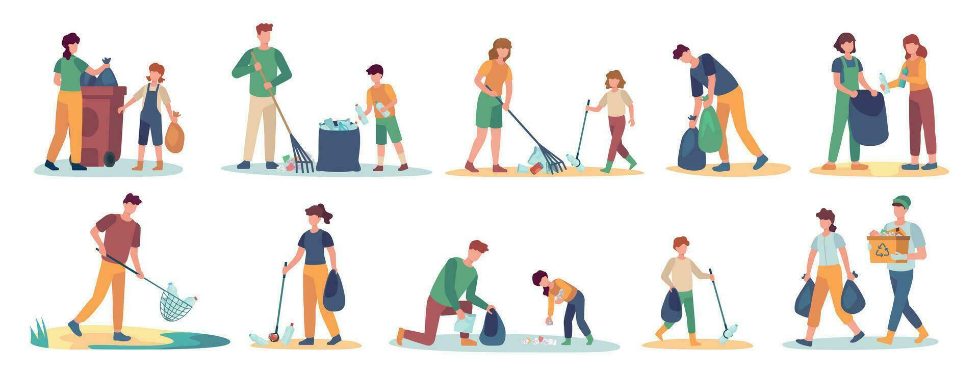 Volunteer collects trash. Men, women and children cleaning nature from garbage set. Isolated vector family picks up and sorting waste