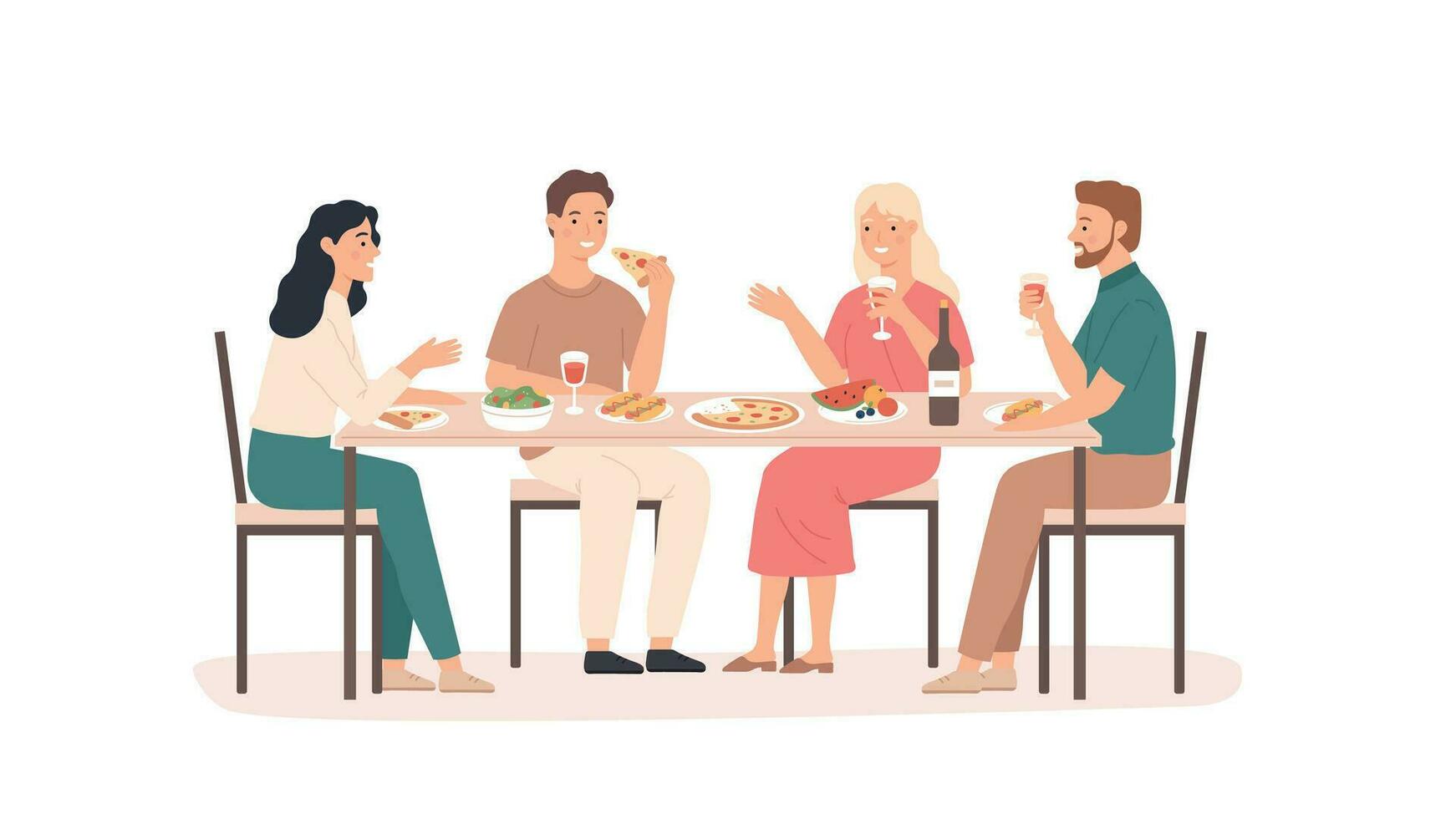 Friends eating. Fun and smiling people at table in restaurant, cafe or home drink beverage, eat tasty dishes friendly hangout vector concept