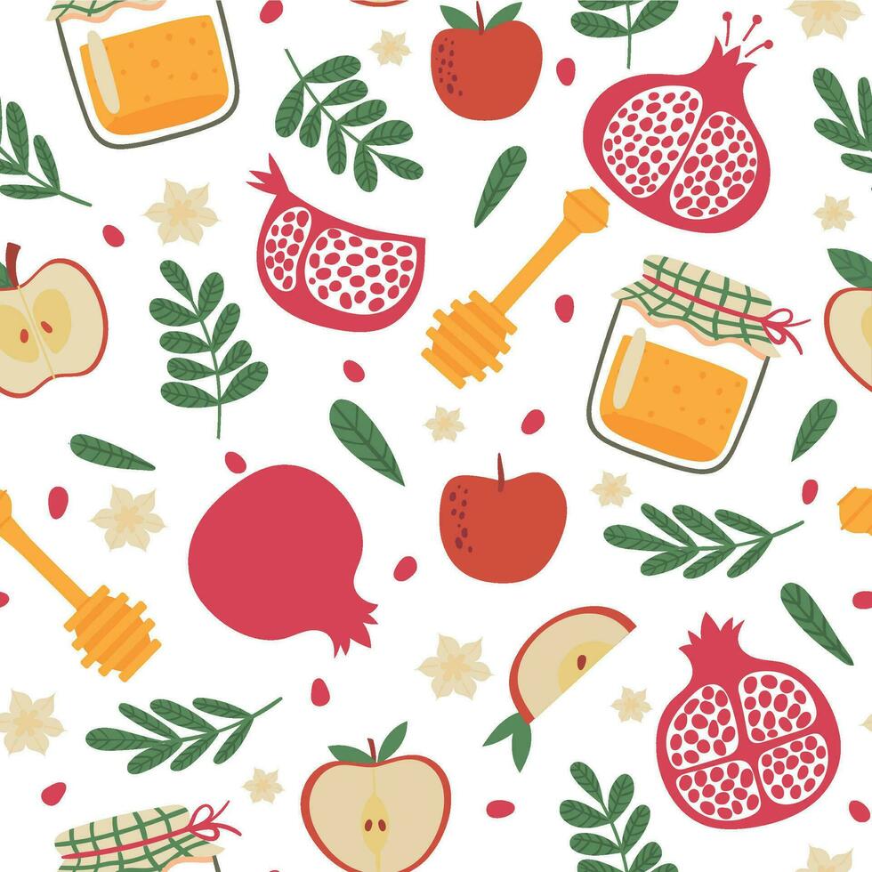 Shana tova seamless pattern. Jewish new year rosh hashanah, repeating tile. Holiday symbols pomegranate, apples and honey jar vector texture