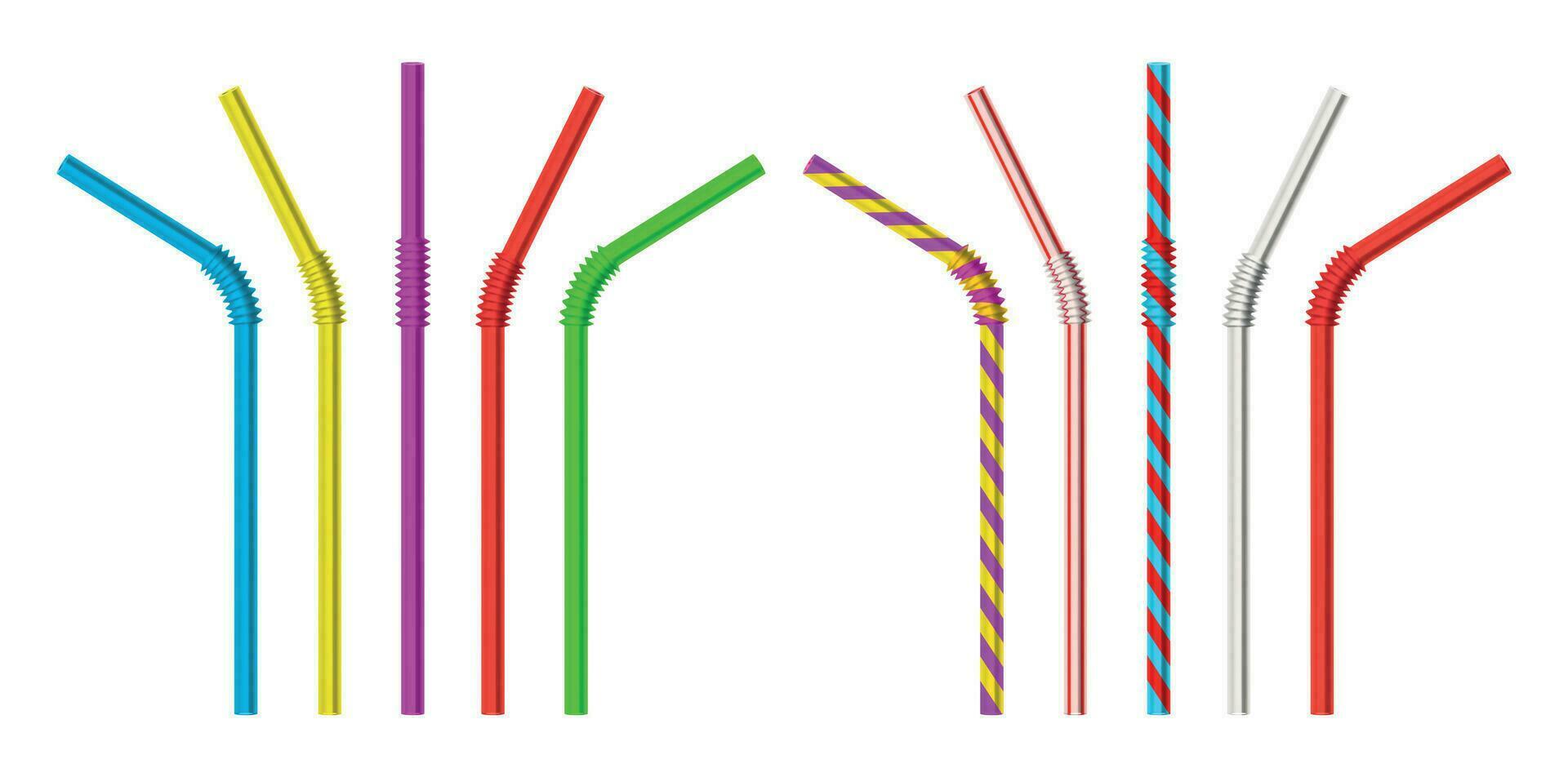 Drinking straw. Realistic classic plastic striped and colorful direct and bended drinking straws isolated objects 3d vector illustration set