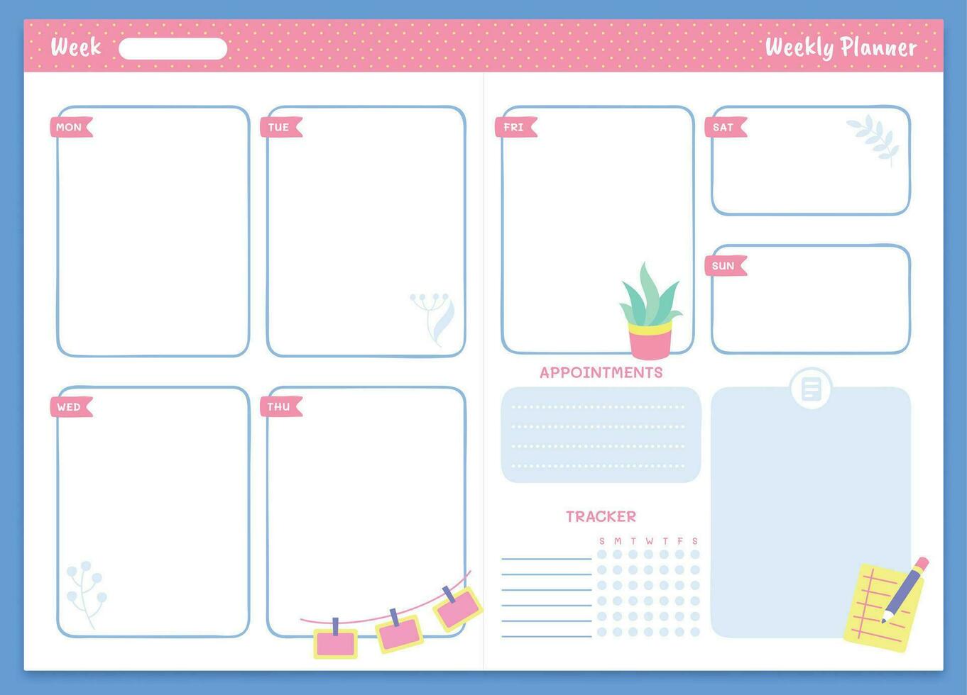 Weekly planner template. Appointments and tracker sections and trendy lettering. Organizer, schedule for notes vector