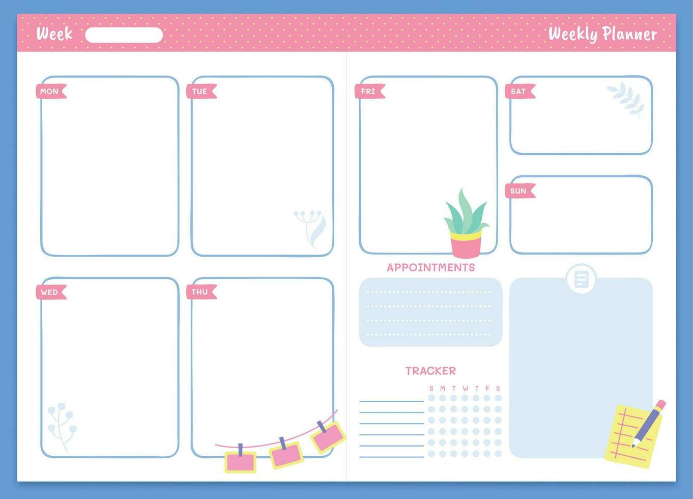 Weekly planner template. Appointments and tracker sections and trendy lettering. Organizer, schedule for notes vector