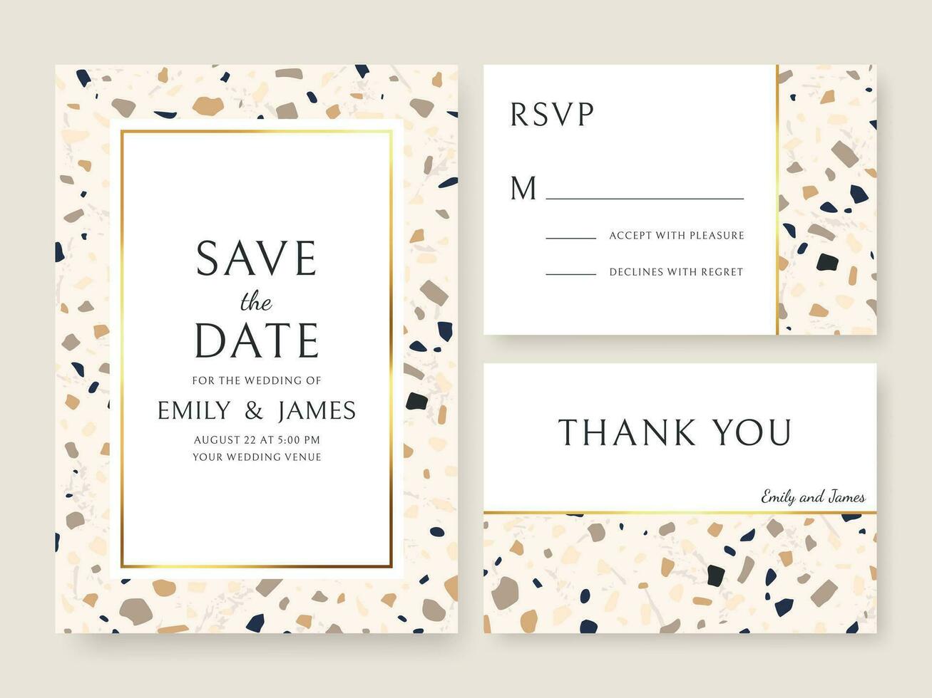Terrazzo wedding invitation card. Abstract design template bridal flyers with marble texture, save date and name. Announcement vector set