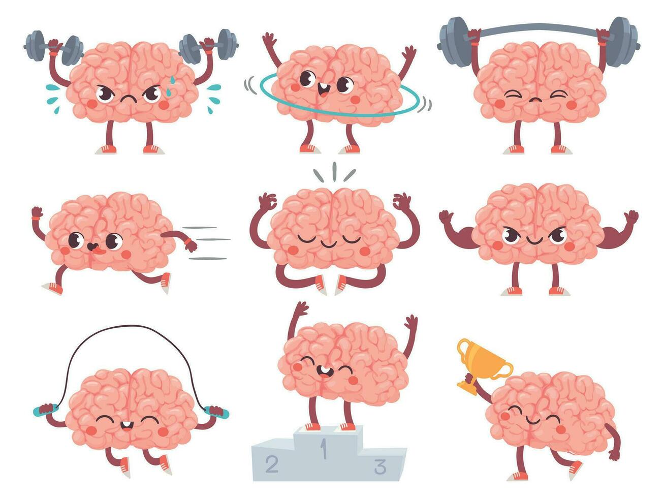 Brain and sport. Comic brains sports activities, training achievements iq metaphor, mental exercise, fitness cartoon vector characters