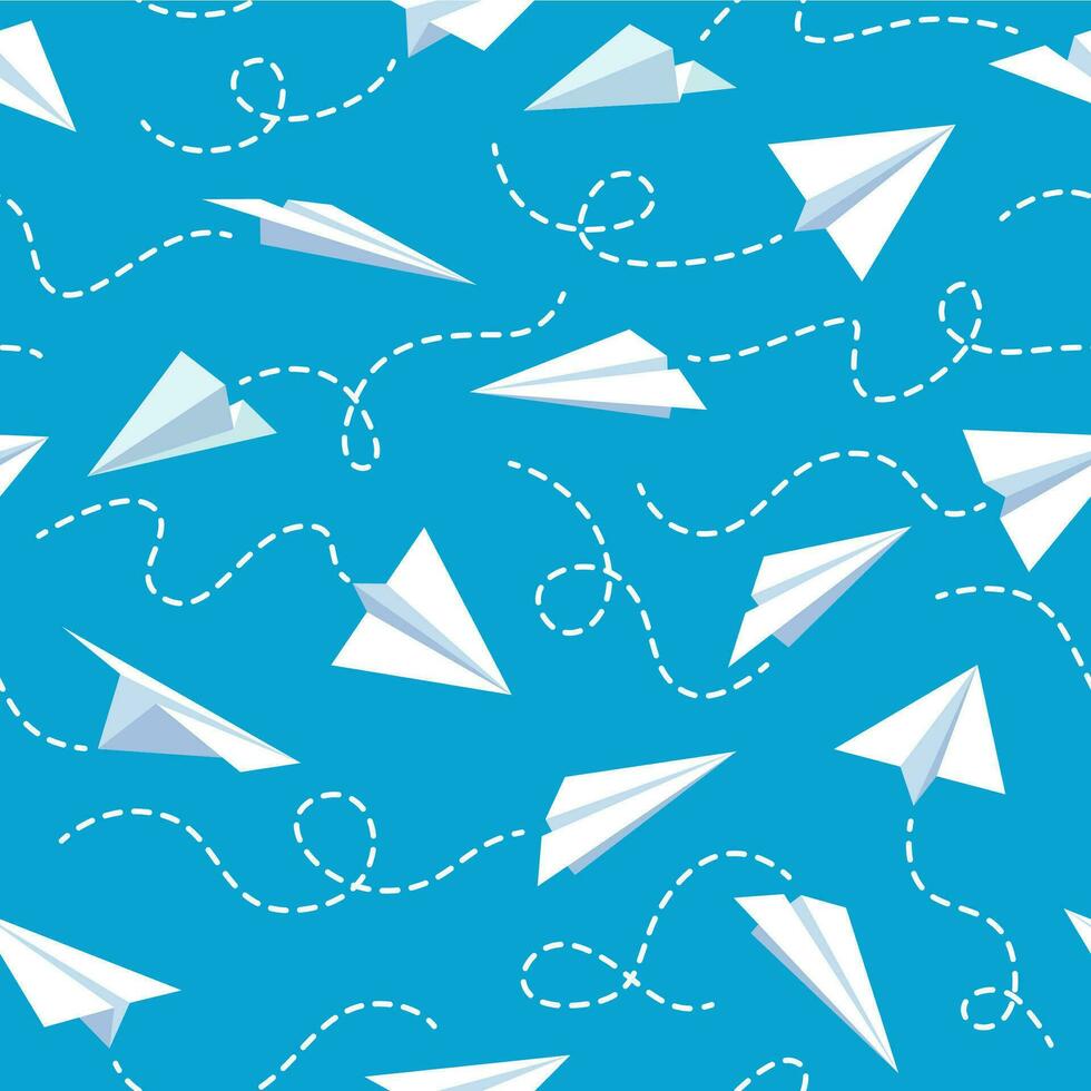 Paper plane seamless pattern. White flying airplanes in blue sky different direction with dotted line tracks wallpaper vector texture