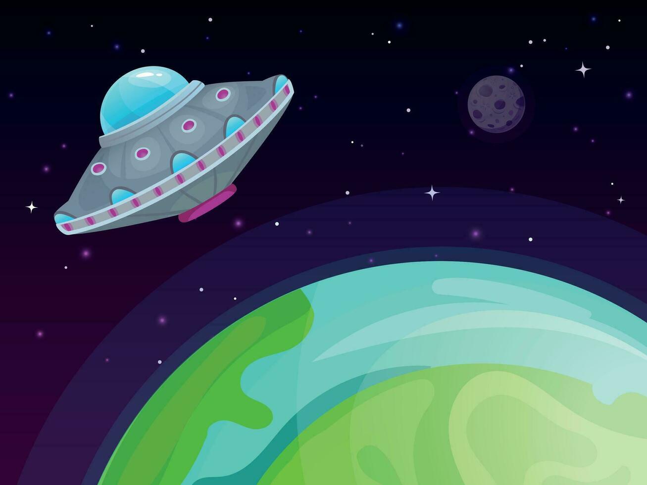 UFO vector concept. Spaceship travel, sci-fi in night sky