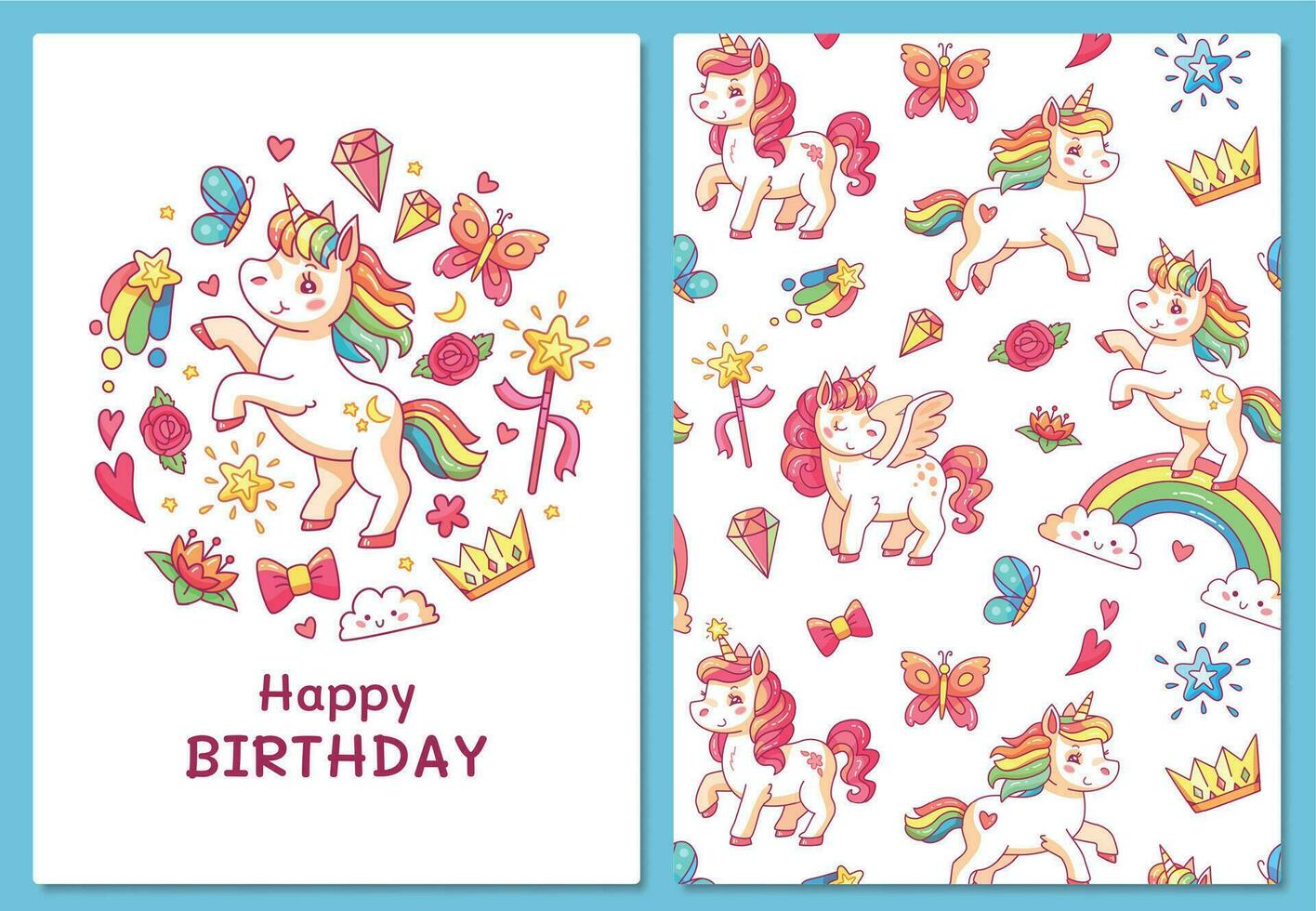 Magic cute unicorn greeting card. Cartoon vector template