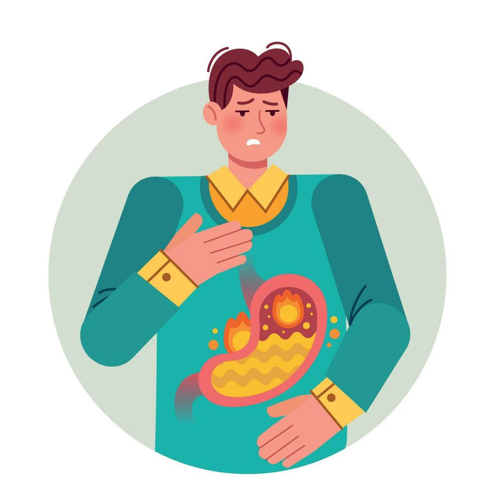 Heartburn. Gastric disease, stomach problem. Bloating abdomen gastroesophageal reflux or high acidity esophagus, flat vector illustration.