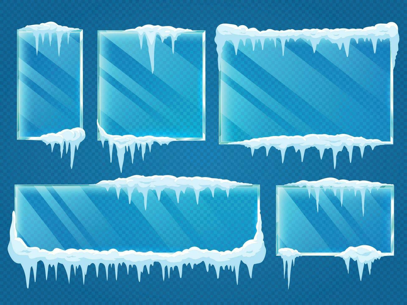 Glass frames with snow caps. Frozen winter window border with ice and frost isolated on transparent background vector