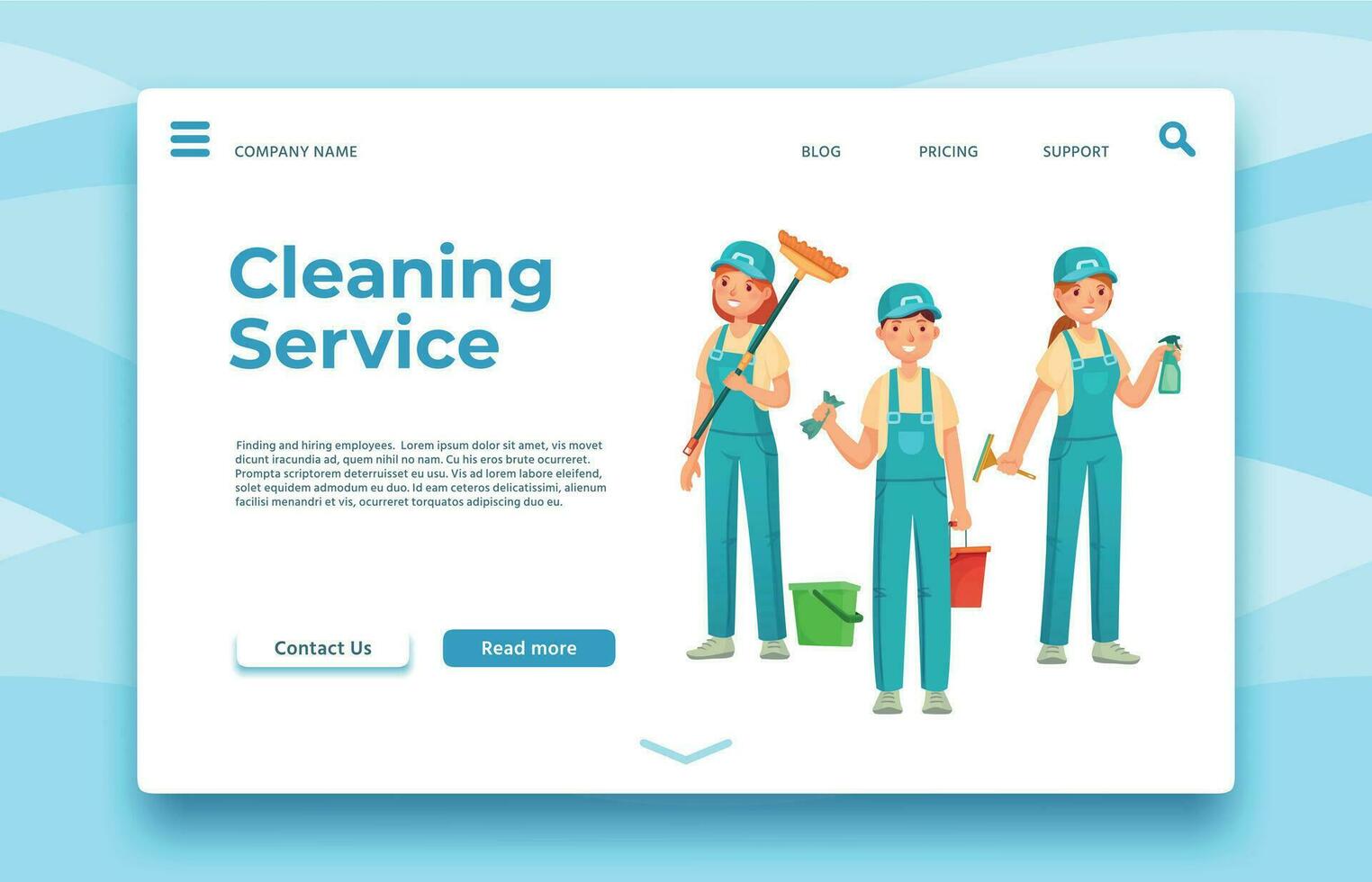 Cleaning service landing page. Professional housekeeping, people with special equipment vector