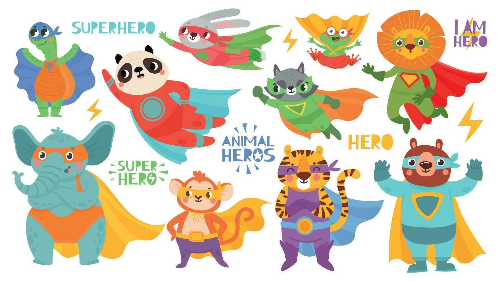 Hero animals. Super animal kids with capes and masks. Cute lion, tiger and panda, raccoon and rabbit and bear cartoon vector characters.