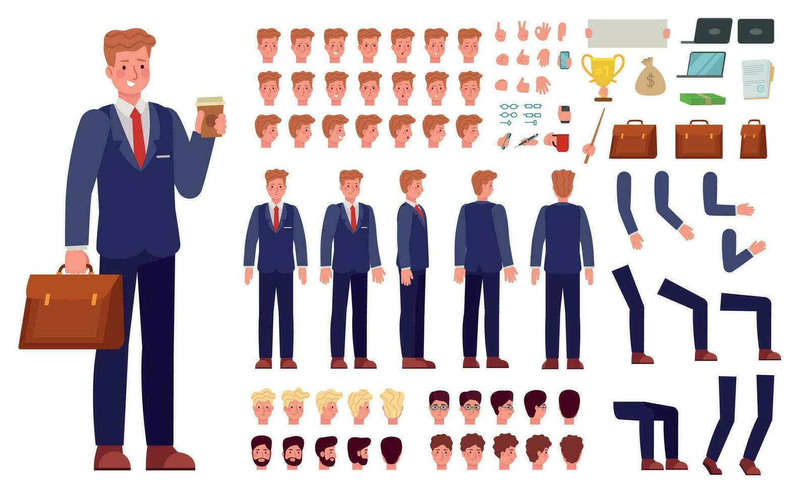 3rfsdf345wefCartoon businessman character kit. Male office employee in suit with briefcase and body parts, face expressions for animation vector set