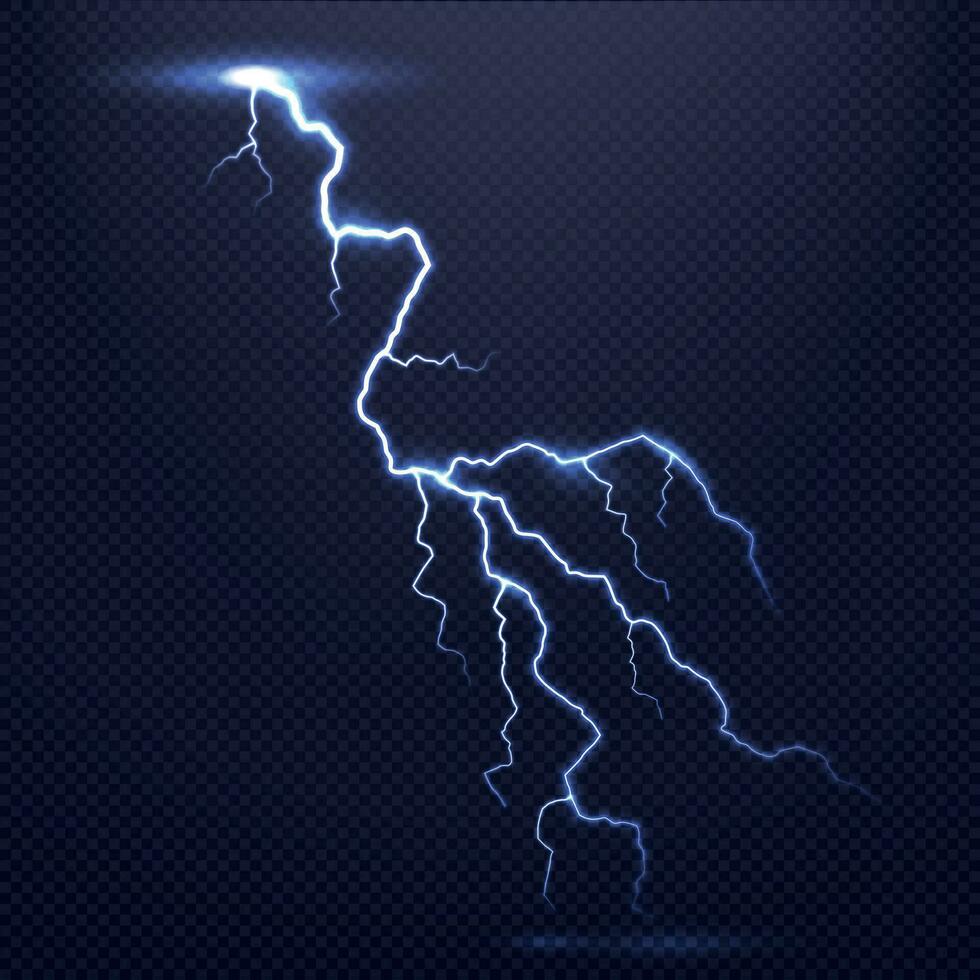 Lightning, natural light effect, bright glowing isolated on dark background. Magic thunderstorm, flash bolt vector
