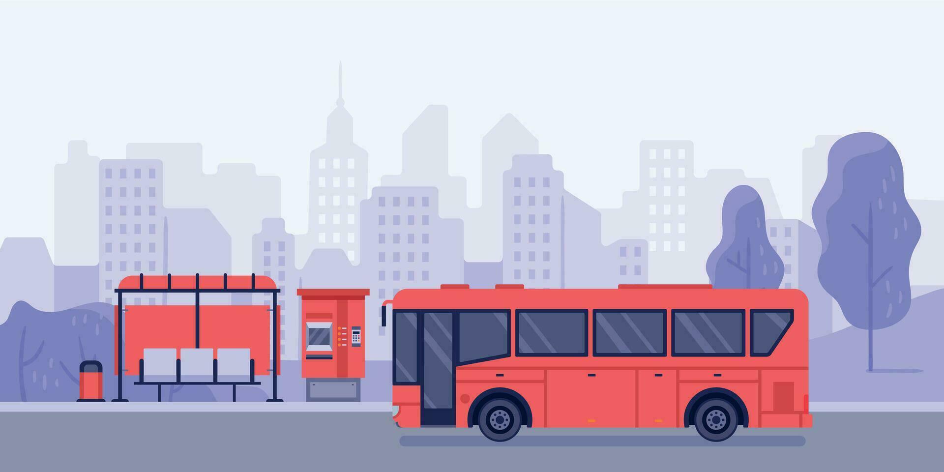 Public transport stop and autobus. Vector bus stop