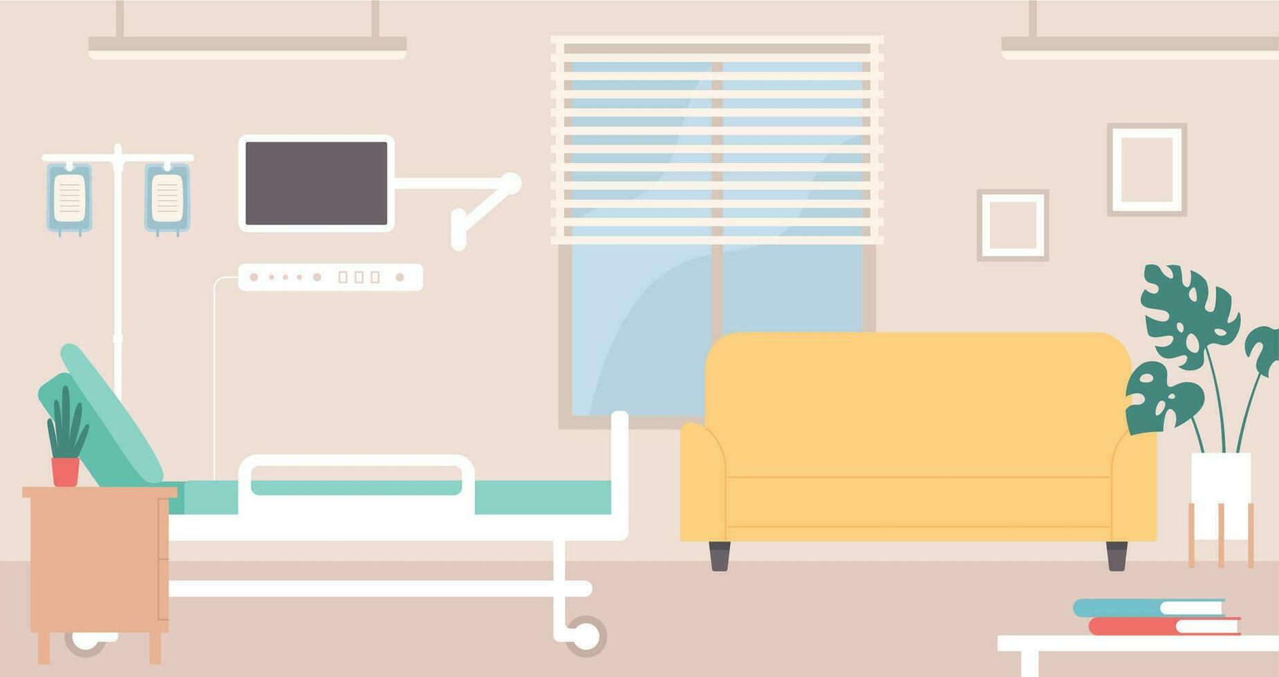 Hospital room interior. Hospital ward intensive therapy emergency, doctor office with bed and monitor, clinic equipment vector concept.