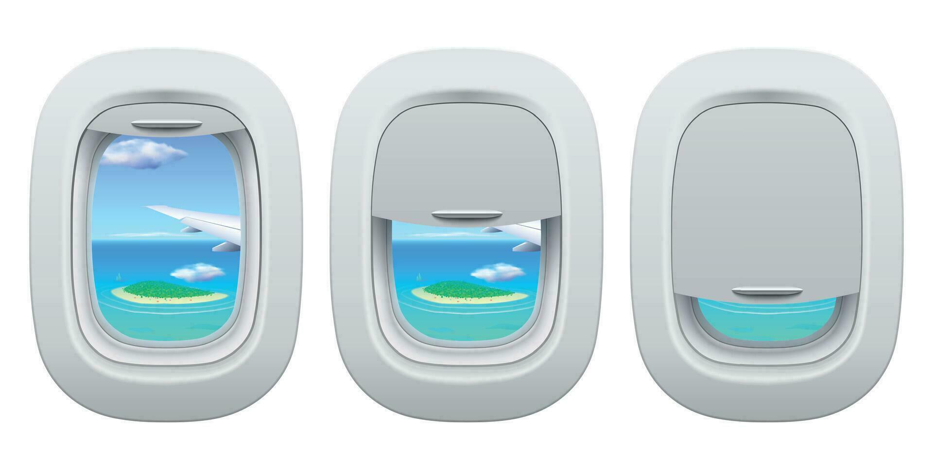 Airplane porthole view. Plane open and closed window inside view for island in ocean. Traveling by aircraft vector