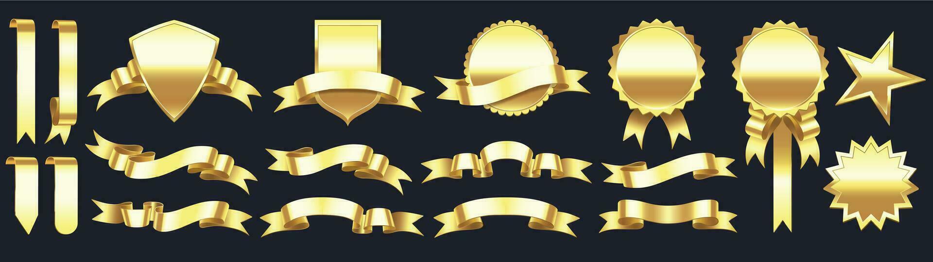 Gold banner with ribbons. Shapes for gift, accessory and tag. Festive shining tape, tag, star and medal vector