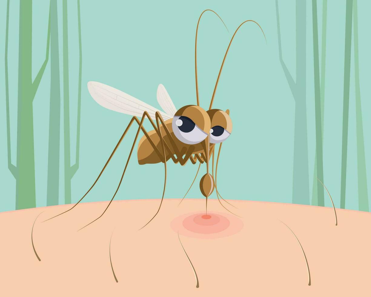 Mosquito sucking blood. Funny pest insect, mosquito bite red mark on skin cartoon vector illustration