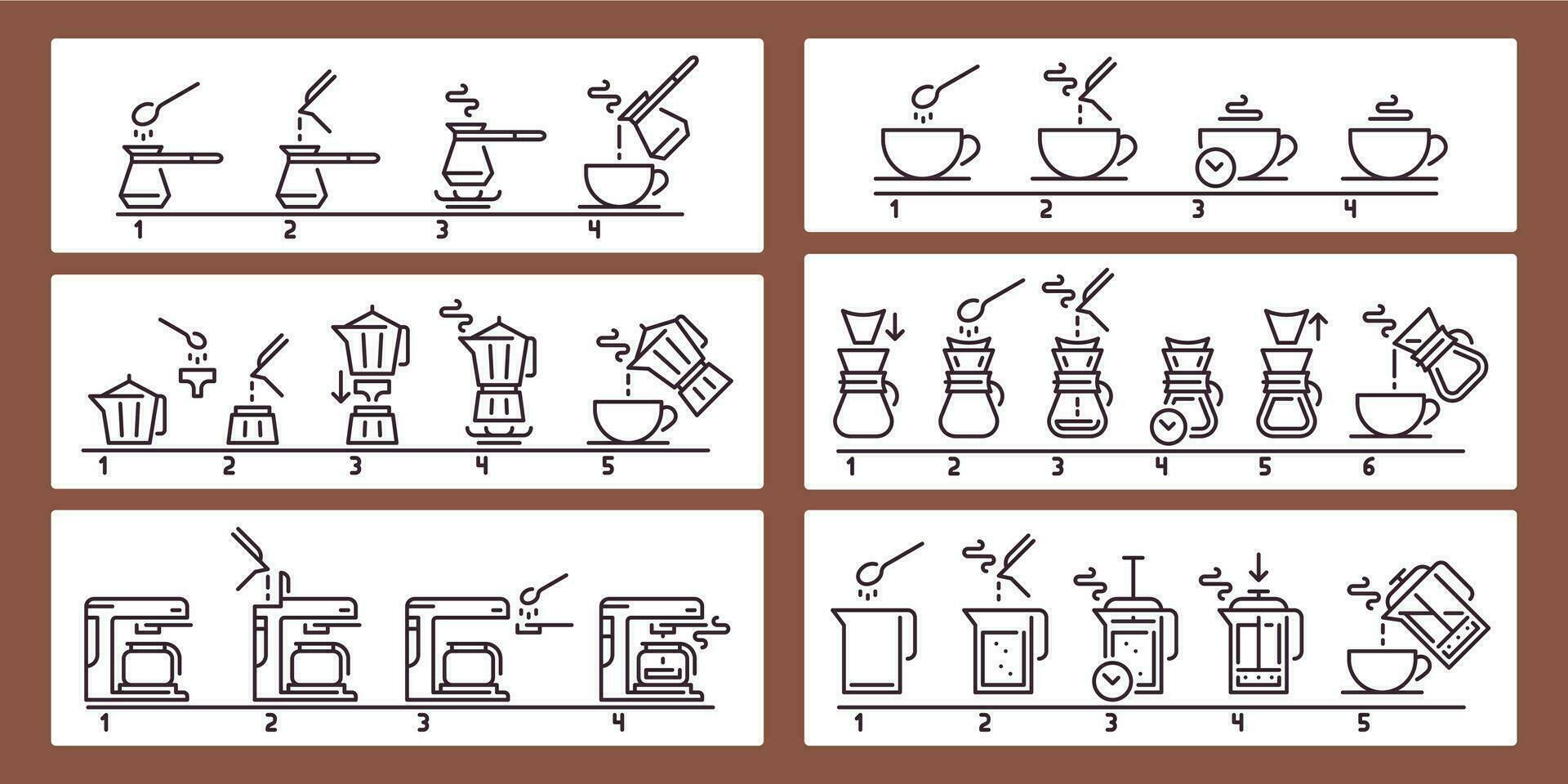 Brewing coffee instruction. Preparing hot beverage guideline, using equipment for making drink. Pouring liquid vector