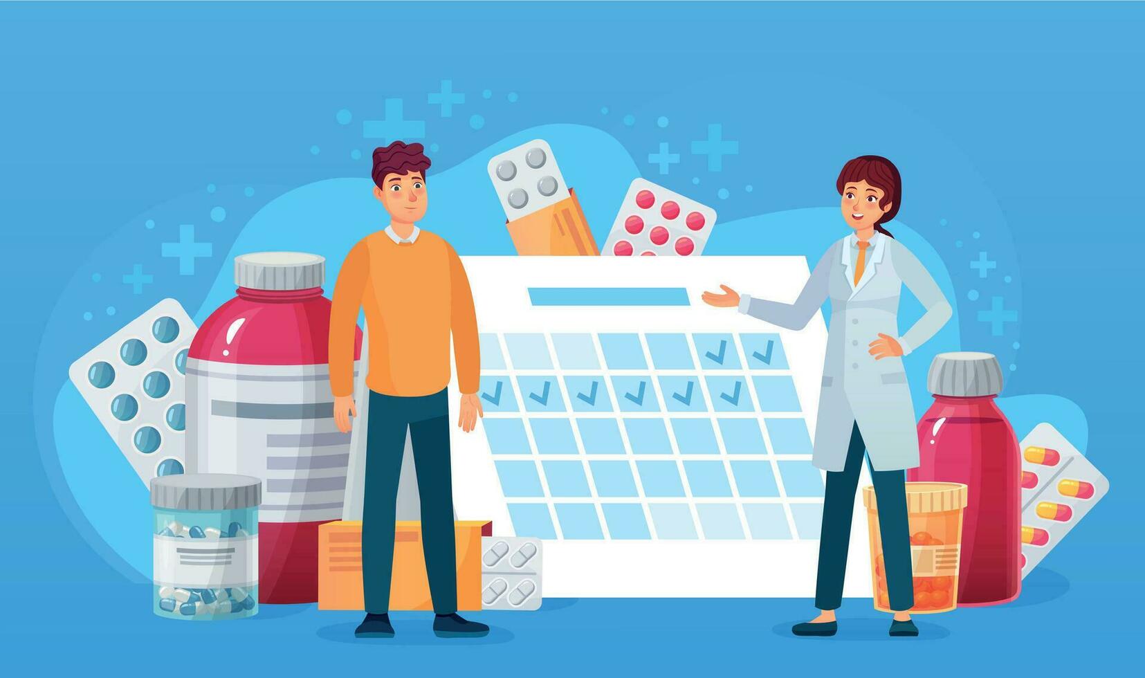 Medication calendar. Doctor and patient standing at calendar with pills. Treatment schedule cartoon medical, healthcare vector concept