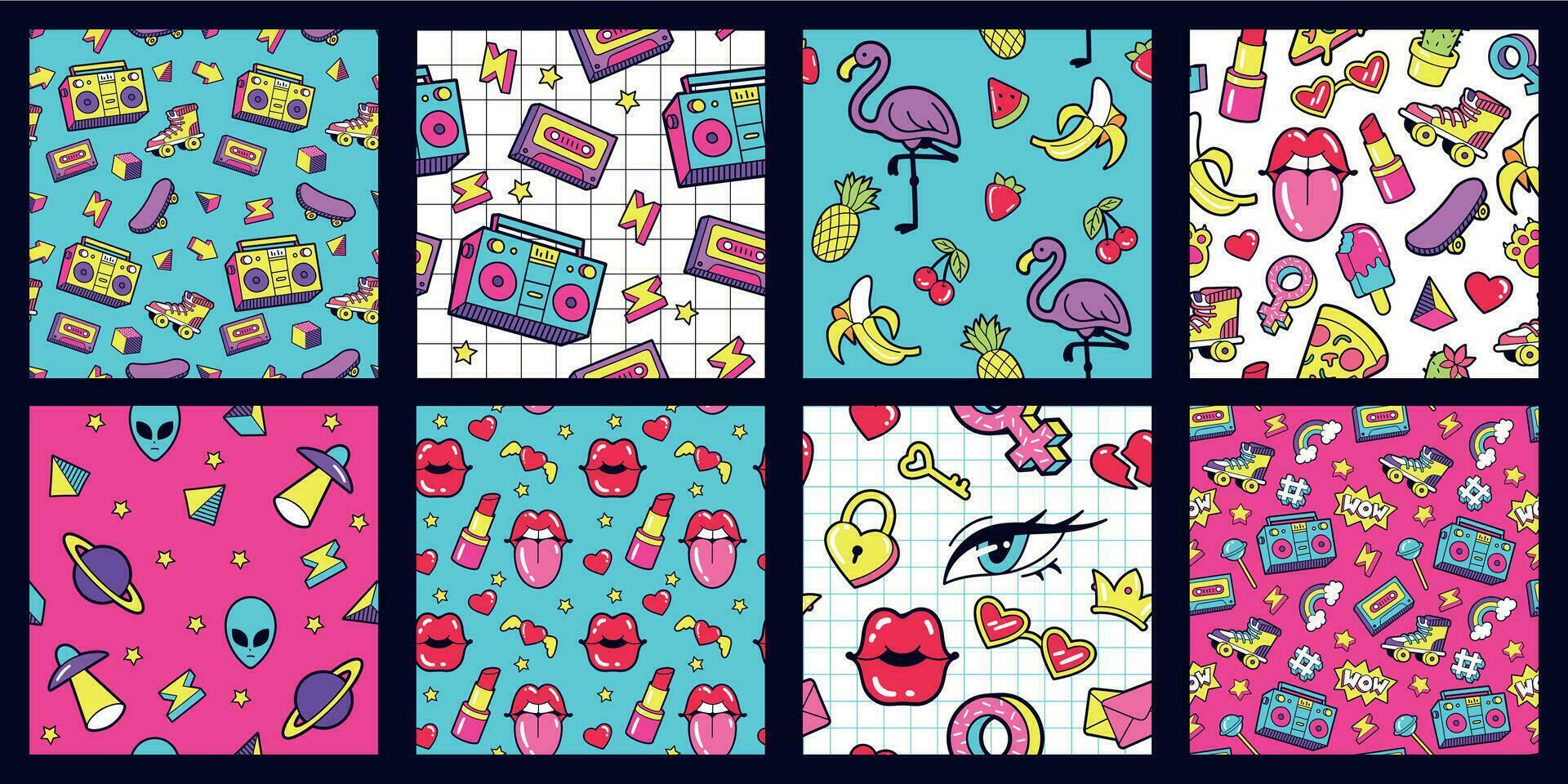 Seamless 90s pattern. Retro 80s pop fashion patterns with funky doodle stickers. Lips, music tape and pink flamingo vector illustration set