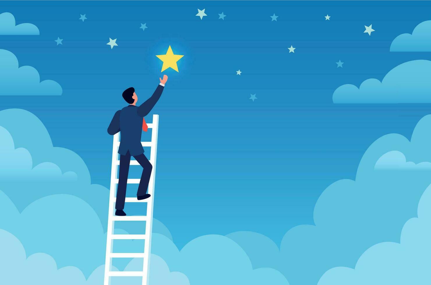 Businessman success. Man on ladder reaches stars on sky, achieve goals and dreams. Career up, leadership, creative flat vector concept
