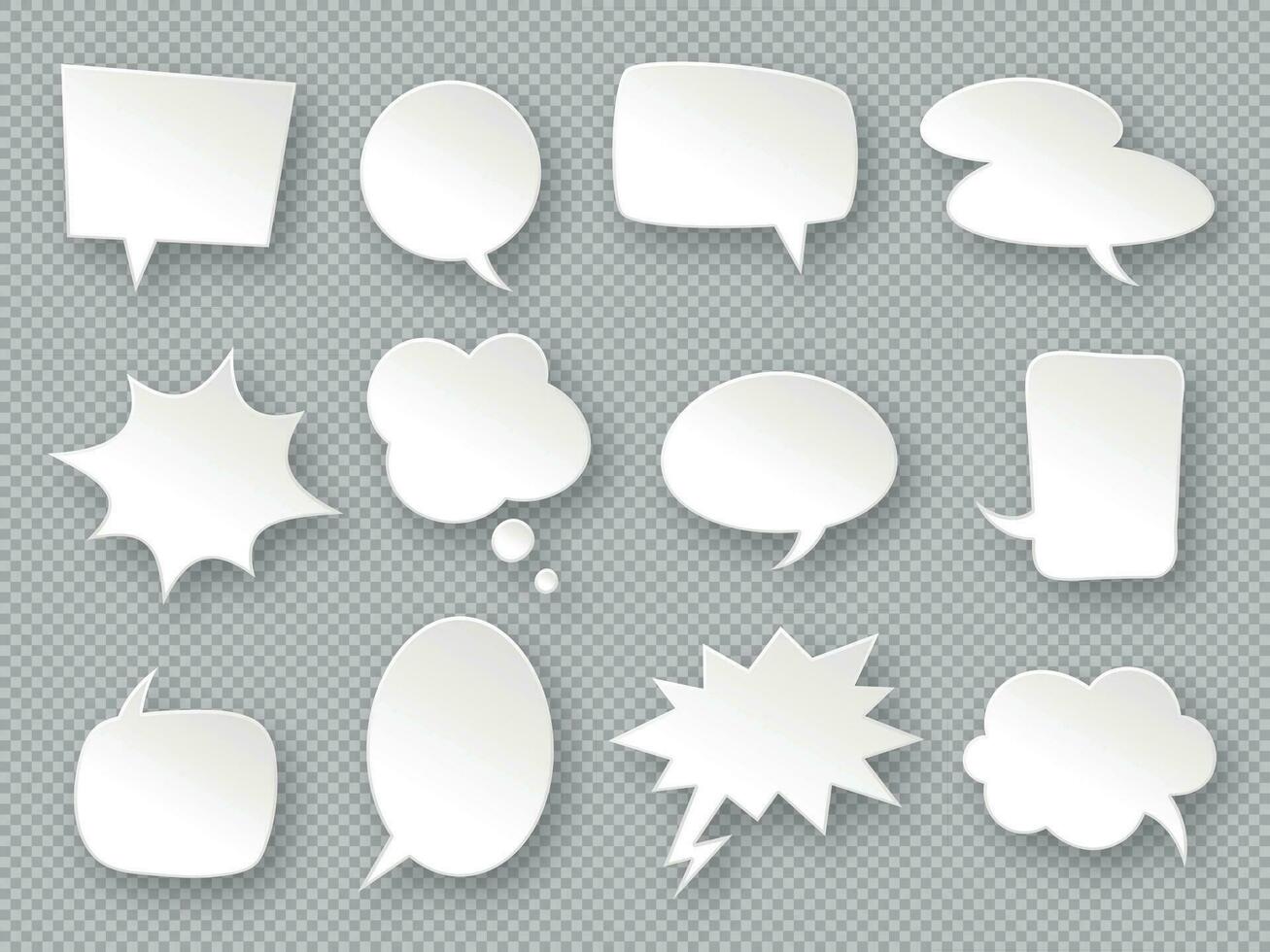 Paper speech bubbles. White communication bubbles, thought balloons. Messages cloud, dialog chat, blank advertising discussion vector labels