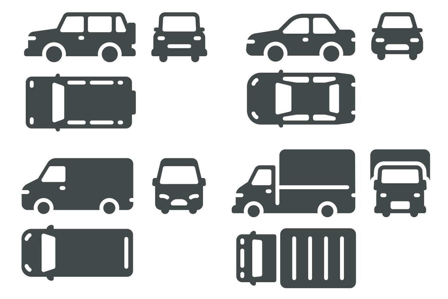 Car top side and front view. Vehicle projection, suv, minibus and truck auto icons for web, ui design outline transportation vector set