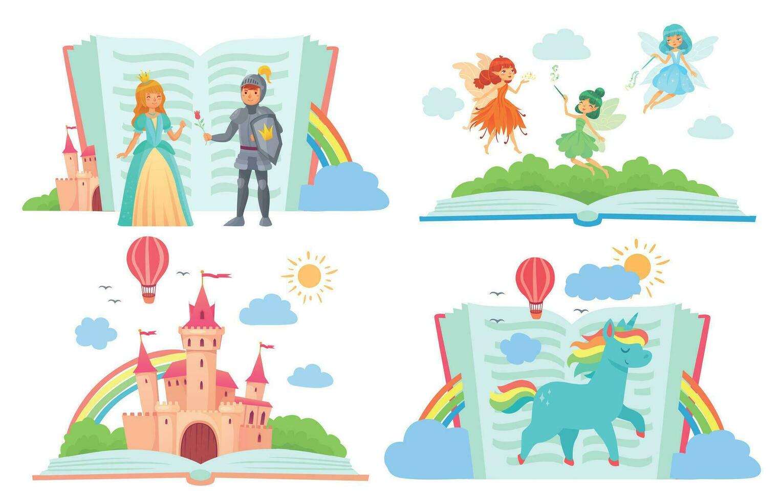 Open books with fairy tales characters. Kingdom with castle, royal knight giving rose to princess, fairies vector